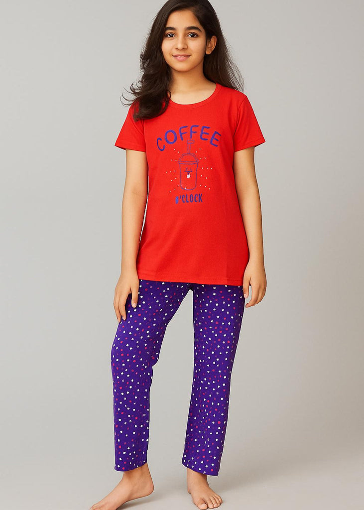 Girl Red Cofee clock  Night Suit