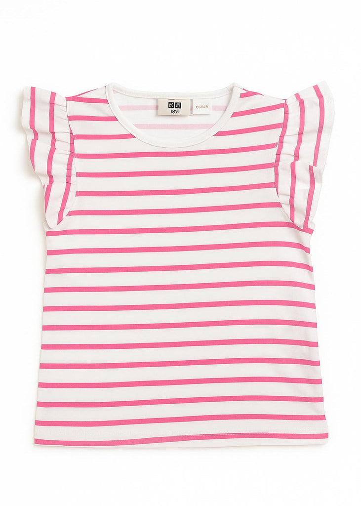 Pink Striped Flutter Sleeve Tee for Girls  (Imported Material)
