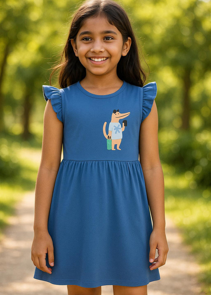 Blue Cartoon Character Frill Sleeve Frock  (Imported Material)