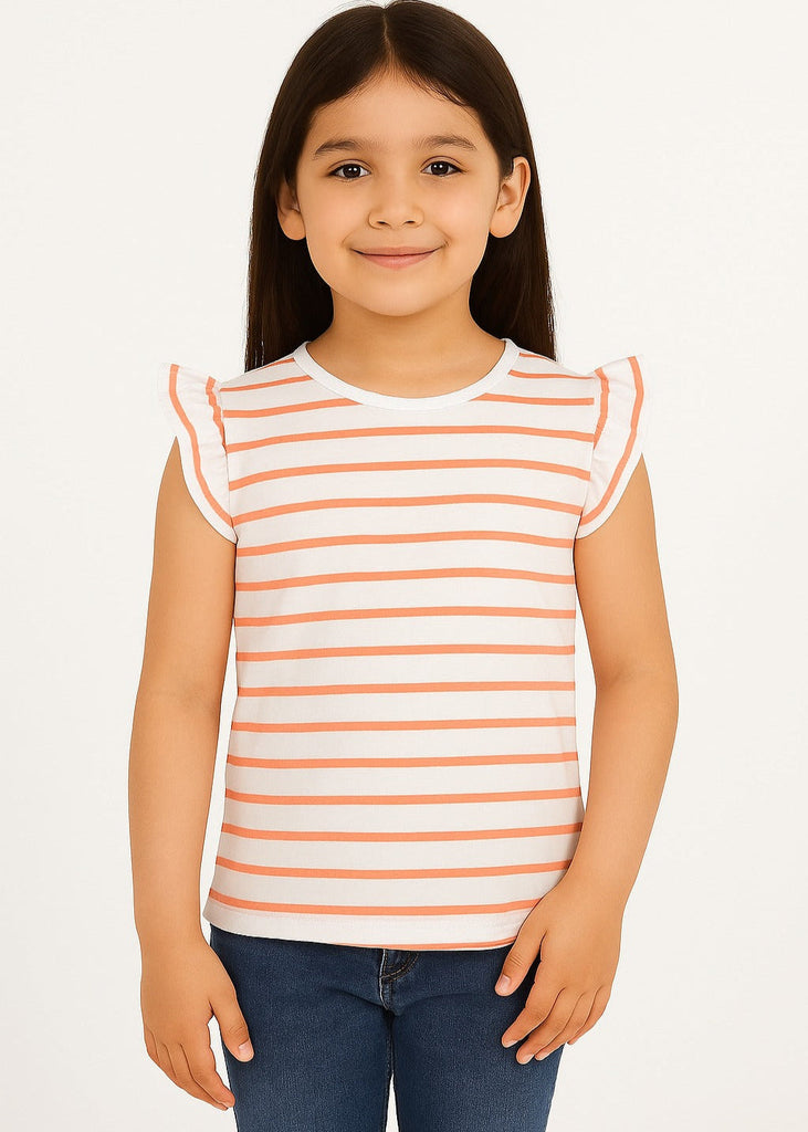 Peach Stripe Ruffle Sleeve Top for Girls  (Imported Material)