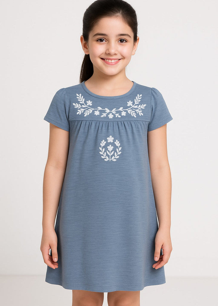 Blue Blossom Embroidered Frock  (Imported Material)