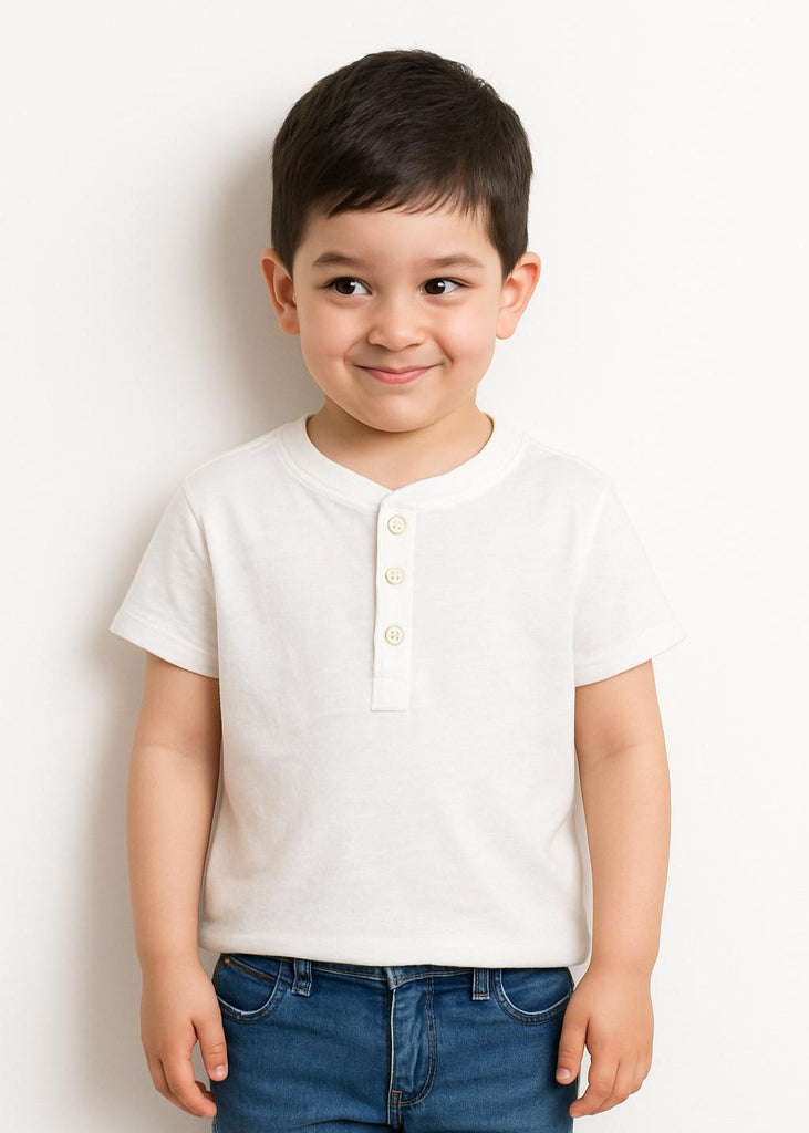 Classic Comfort: White Henley & Denim Charm Tee (Imported Material)