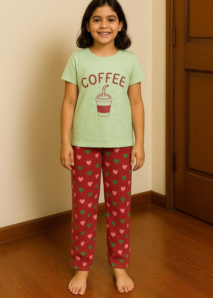 “Coffee O’Clock Heart Print Night Suit for Girls – Mint & Maroon”