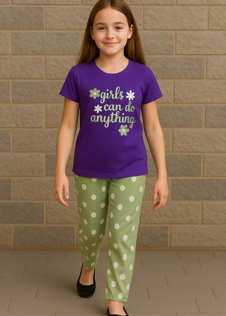 “Girls Can Do Anything Night Suit – Purple & Polka Dot Green Pajama Set”