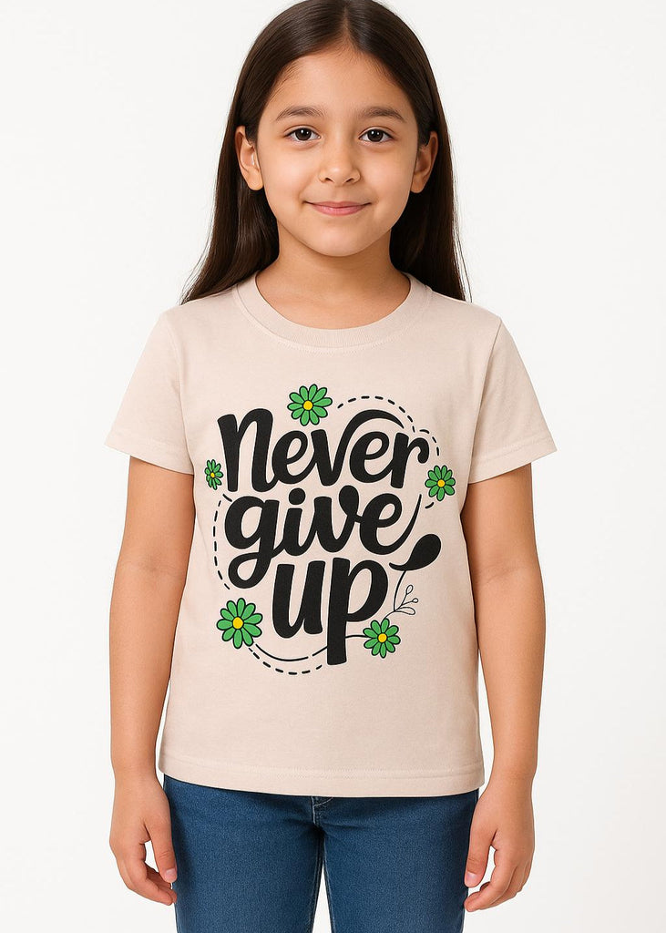 "Never Give Up Printed T-Shirt – Beige Tee for Girls