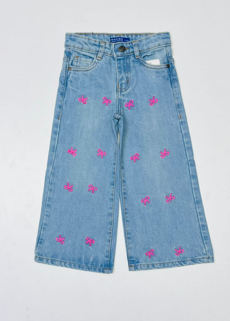 Pink Bow Embroidered Wide-Leg Jeans for Girls LT Blue