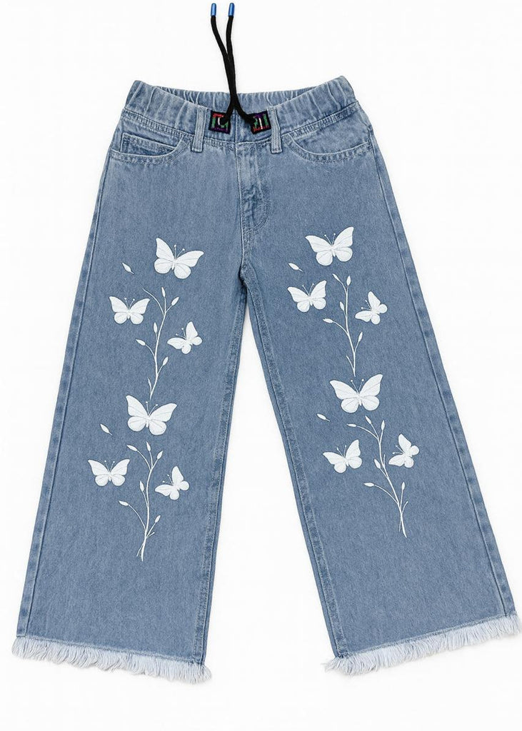 Kids Blue Jeans with White Butterfly Design
