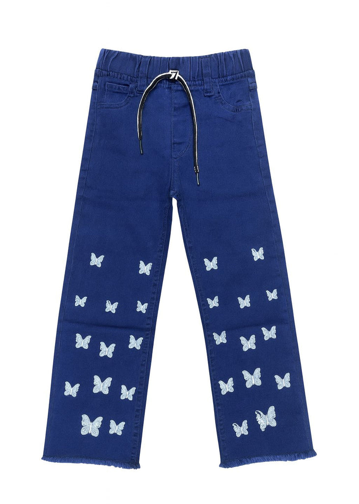 Girls Blue Denim Pant with Butterfly Embroidery