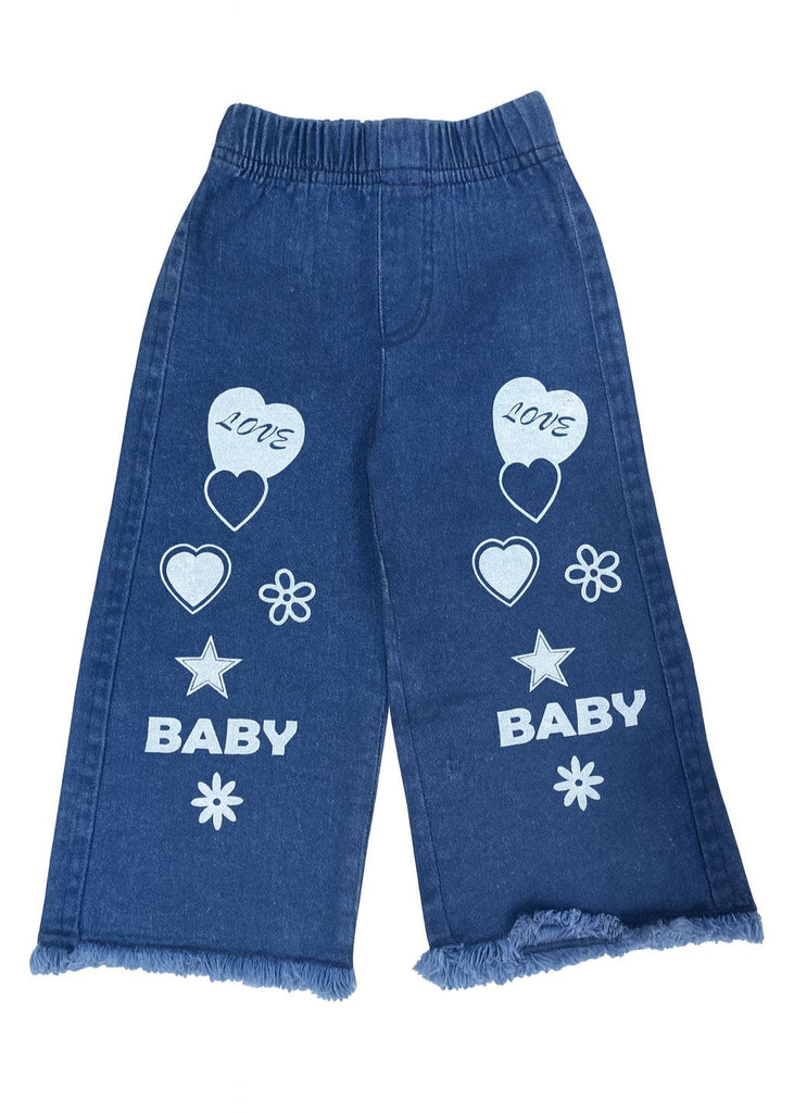 Girls Dark Blue Denim Pant with Love & Baby Print