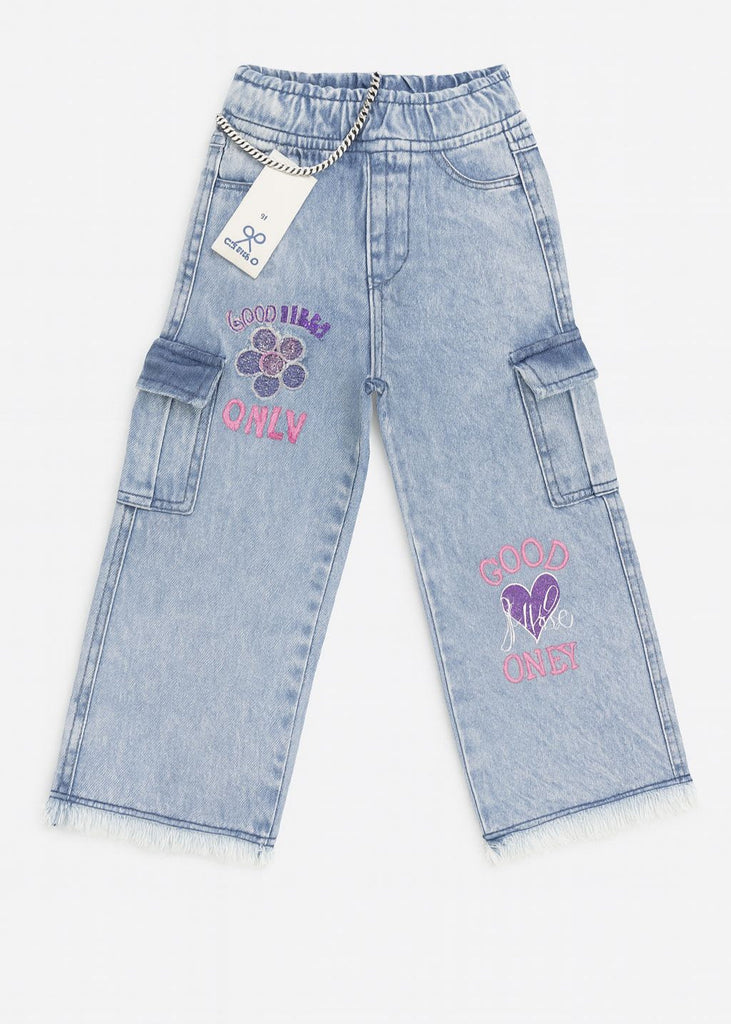 Girls Light Blue Cargo Denim with Good Vibes Embroidery  ( Imported and Original)