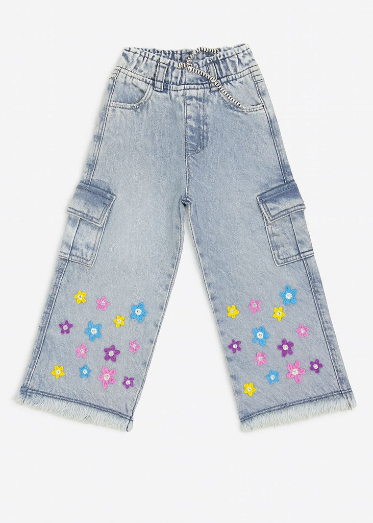 Girls Light Blue Cargo Denim with Multicolor Floral Embroidery ( Imported and Original)