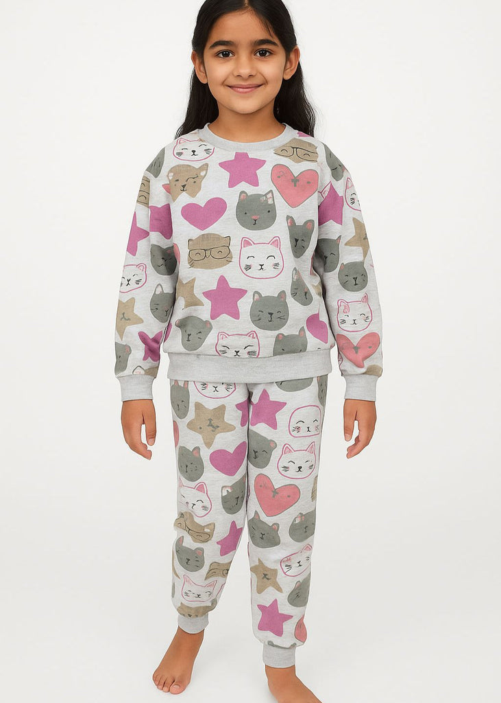 Girls Grey Cat & Heart Print  Fleece Tracksuit