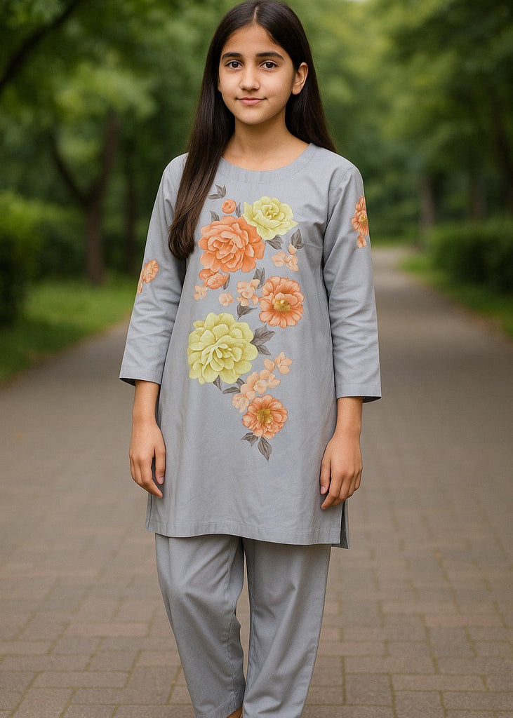 Citrus Bloom – Grey Co-Ord Set with Orange & Yellow Floral Accents