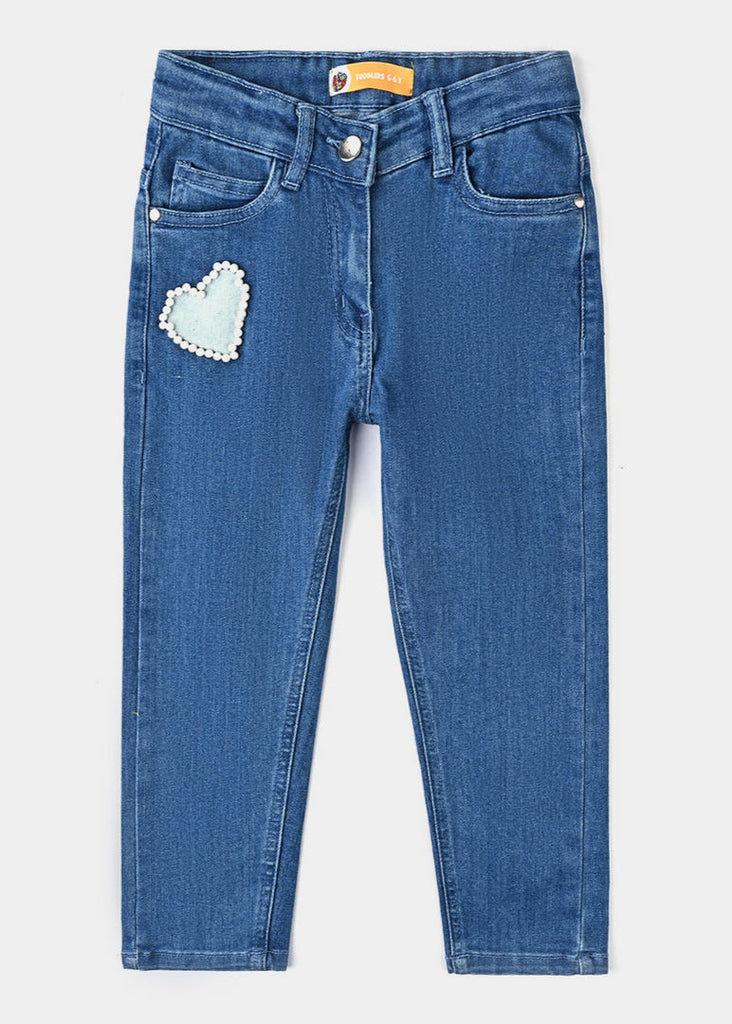 Girls Denim Stretch Pant Pearl At Pocket-Light Blue