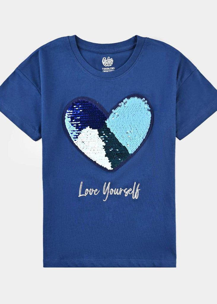 Girls Cotton Jersey T-Shirt H/S Love Yourself-Navy Blue