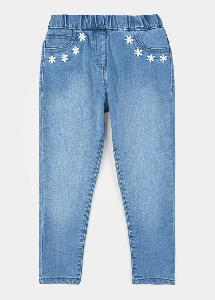 Girls Denim Stretch Jeggings Flower Emb-LT.Blue