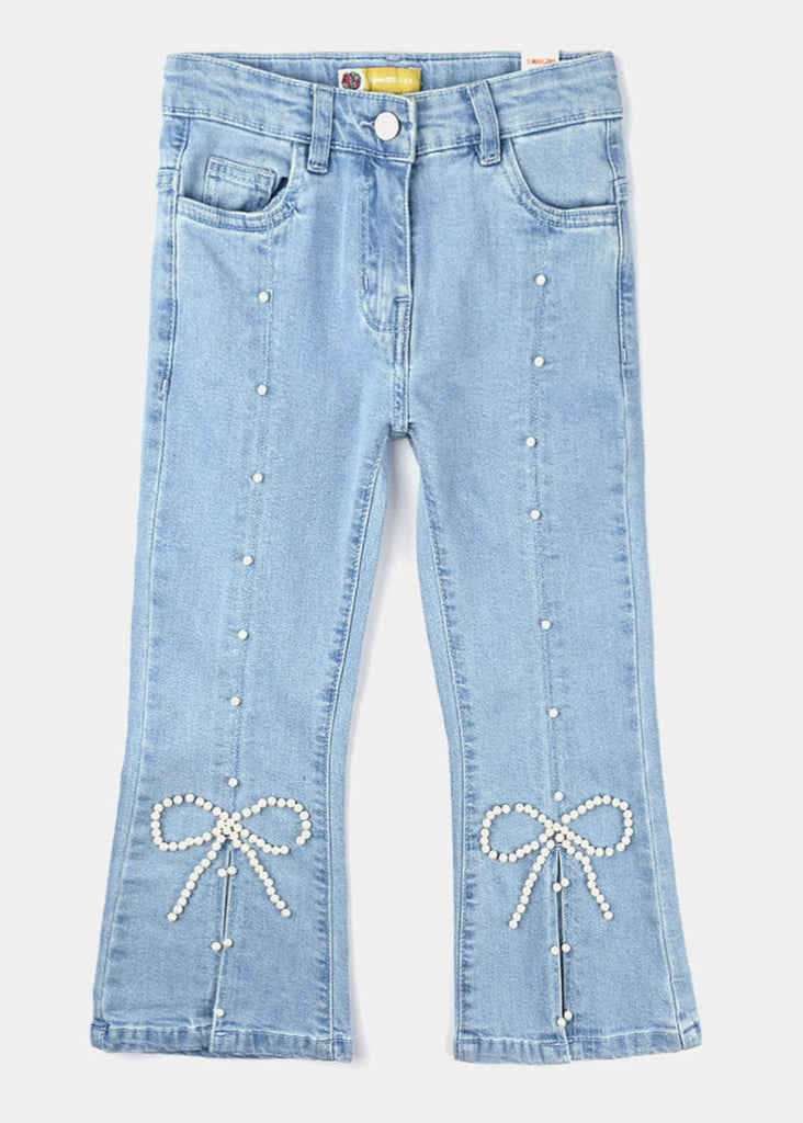 Girls Denim Stretch Pant Pearl Bow-Ice Blue