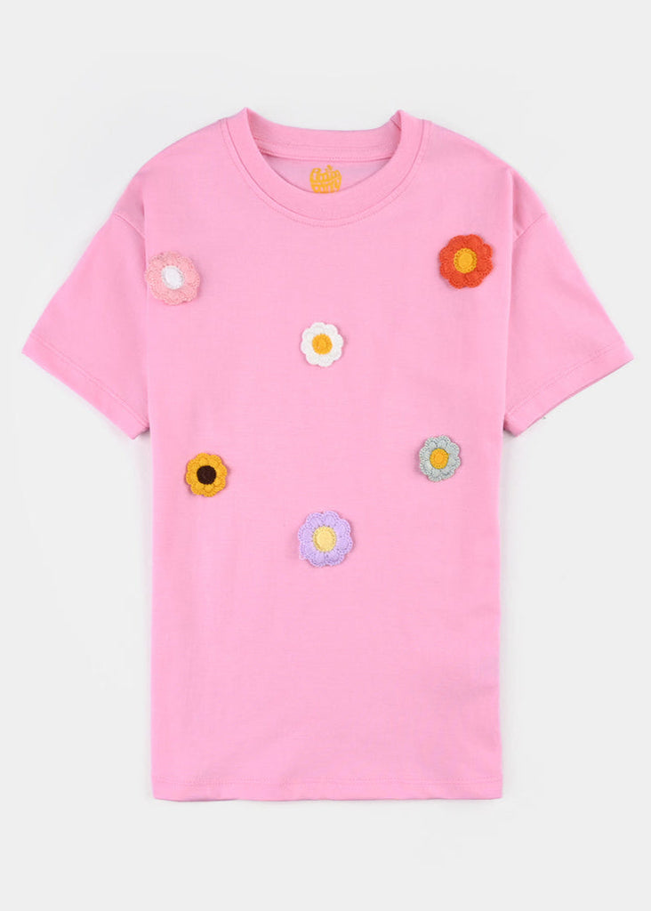 Girls Cotton Jersey T-Shirt CROCHET FLOWERS-Pink