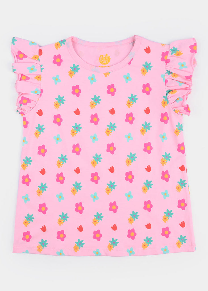 Girls Cotton Jersey T-Shirt CROCHET FLOWERS-Pink